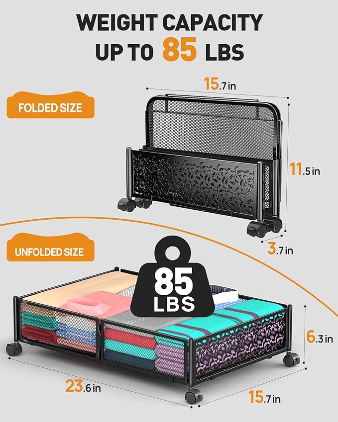 Under Bed Storage With Wheels, 4 Pack Foldable Pattern Carved Metal Under Bed Storage Containers, 60L Rolling Underbed Storag