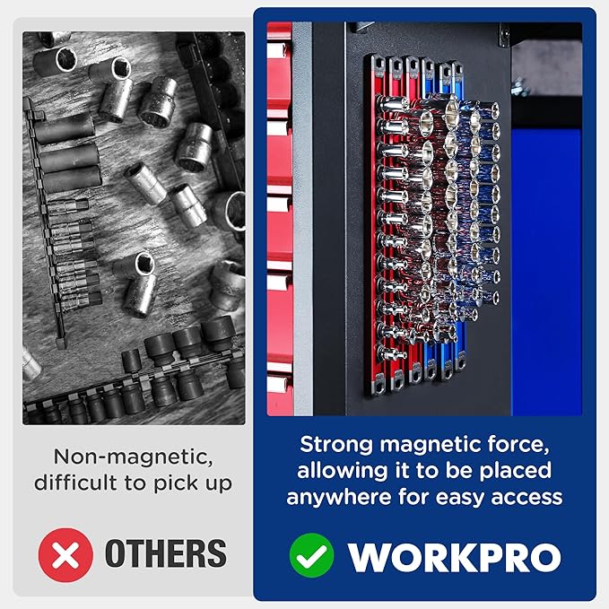 WORKPRO Magnetic Socket Organizer - 6-Piece Aluminum Alloy Socket Rail, Heavy Duty Socket Holder - Set: 1/4-Inch x 12 Clips, 