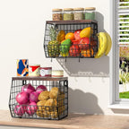 Wawocs Fruit Basket for Kitchen Counter, Fruit Bowl Stackable Wall Mounted Hanging Fruit Basket Wire Basket with Wood Lid wit