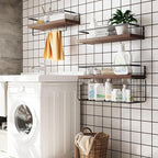 Wood Floating Shelves Wall Mounted - 3+1 Tier Rustic Bathroom Shelves Over Toilet with Wire Storage Basket &Towel Bar, Set of