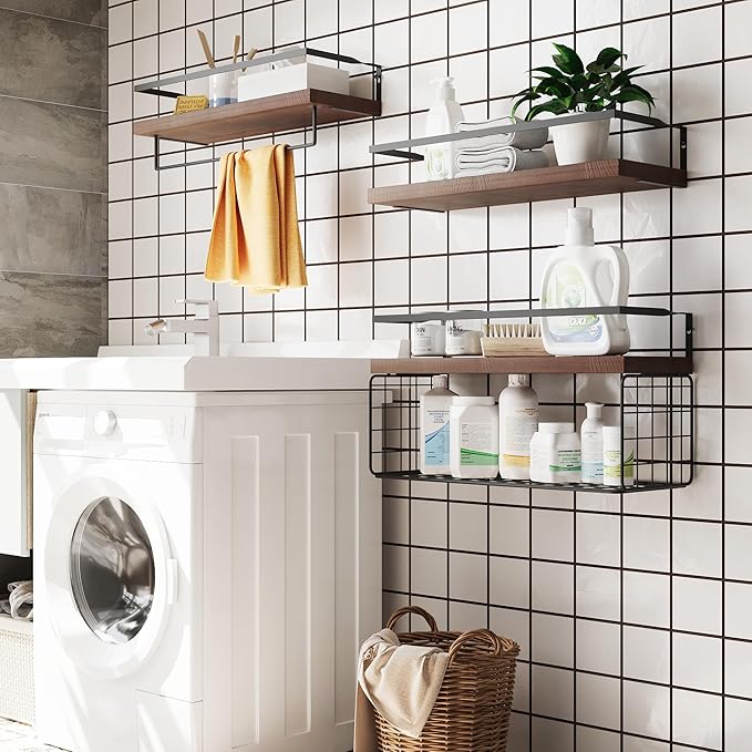 Wood Floating Shelves Wall Mounted - 3+1 Tier Rustic Bathroom Shelves Over Toilet with Wire Storage Basket &Towel Bar, Set of