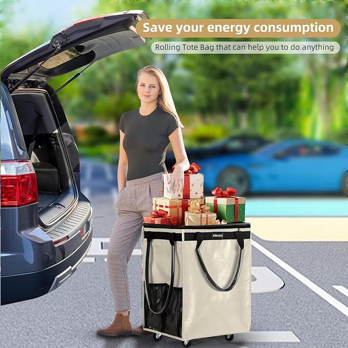 (Medium, Beige) Reusable Grocery Bag on 4 Wheels, Foldable Rolling Tote Carries Up to 66lb Shopping Trolley, Rolling Bag with 3 Handles, Zipper Clouser Rolling Tote Bag with Wheels for Laundry