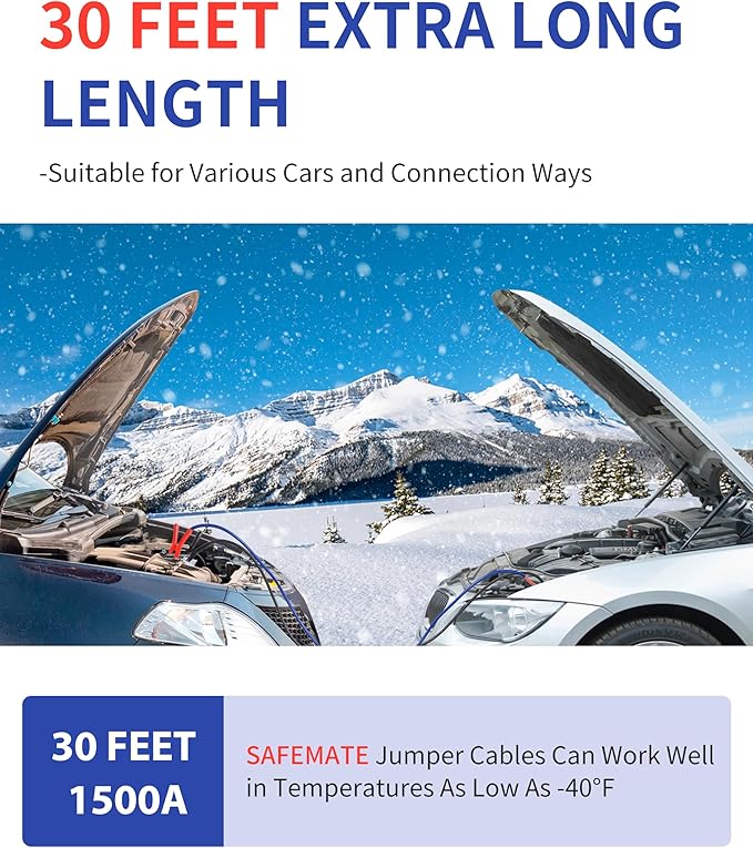 SAFEMATE 00 Gauge 30 FT Heavy Duty Jumper Cables - 1500Amp Booster Jumper Cable for Car, SUV and Trucks Battery - Quick Connect, Blue