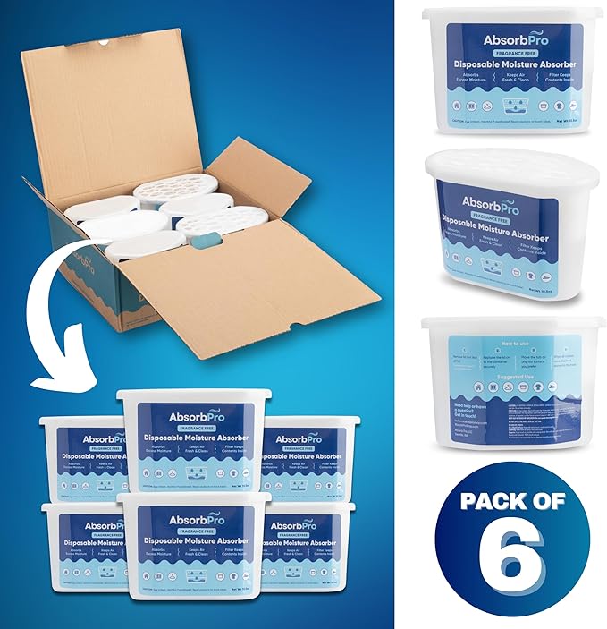 Moisture Absorber Tub Fragrance Free - 6-Pack - 10.5 oz Unscented Disposable Odor Eliminator Box & Dehumidifier for Garage,