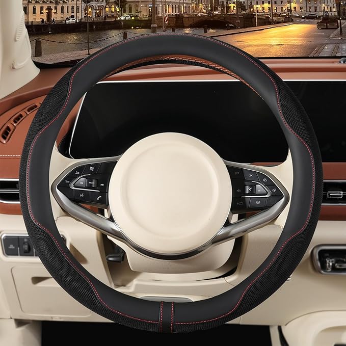 14 inch Steering Wheel Cover for Prius Civic, Nappa Microfiber Leather Non-Slip Breathable Fabric, Warm in Winter and Cool in