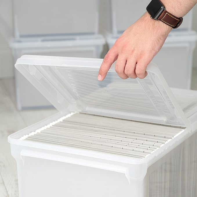 IRIS USA File Box, File Organizer w/Hinged Split Lid for Letter File, Important Document Box, Plastic Storage Filing Bin for 