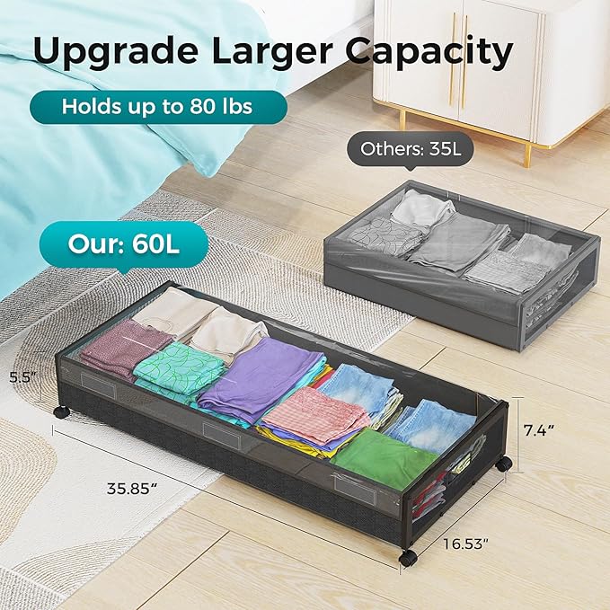 oylik Large Under Bed Storage with Wheels, Metal Under Bed Storage Containers with Clear Lid, Handle, Rolling Under Bed Shoe 