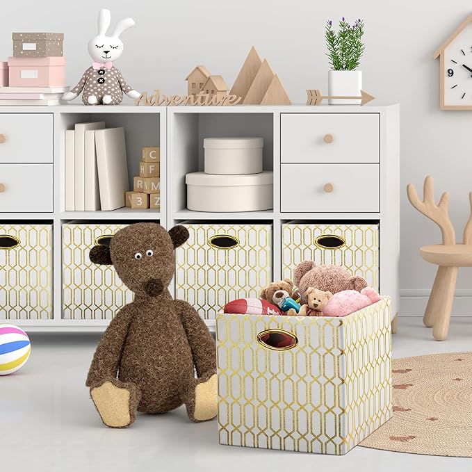 Posprica Storage Bins, Storage Cubes,13×13 Fabric Drawers Organizer Basket Boxes Containers (13×13×13/4pcs, Cream/gold geomet