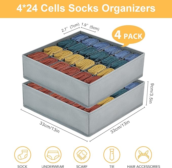 Joyoldelf Sock Drawer Organizer Divider Underwear Organizer 24-cell Fabric Dresser Drawer Organizers Storage Boxes for Socks 
