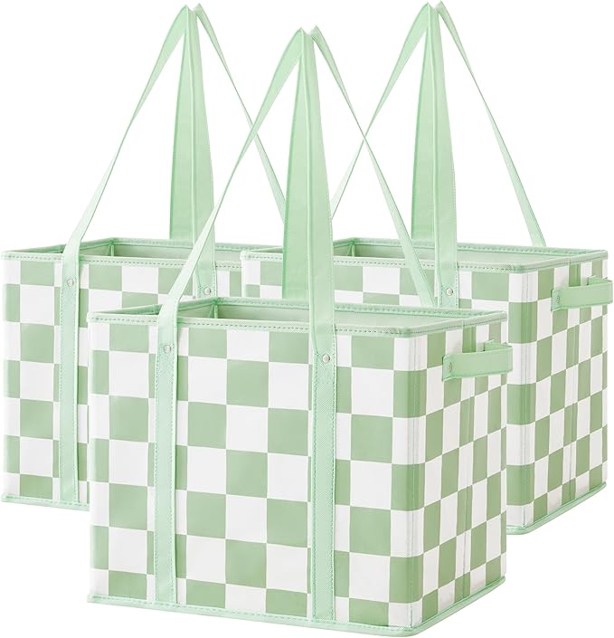 Checkered Reusable Grocery Bags Heavy Duty 3 Pack Foldable Shopping Bags with Handles for Groceries Collapsible Tote
