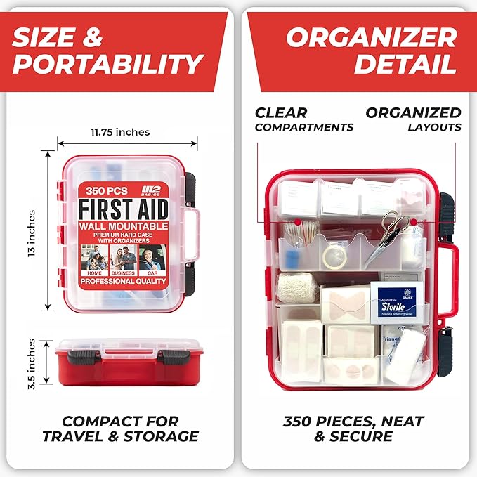 M2 BASICS Professional 350 Piece First Aid Kit, Wall Mountable Dual Layer Hard Case for Business, Home, Car, Vehicle & Work