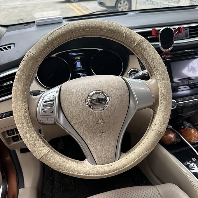 Moyishi Top Leather Steering Wheel Cover Universal Fit Soft Breathable Steering Wheel Wrap (Cream-Colored)