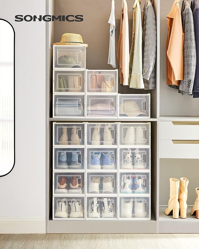 SONGMICS Shoe Boxes, Pack of 18 Shoe Storage Organizers, Stackable Clear Plastic Boxes for Closet, Sneakers, 13.7 x 9.9 x 7.4
