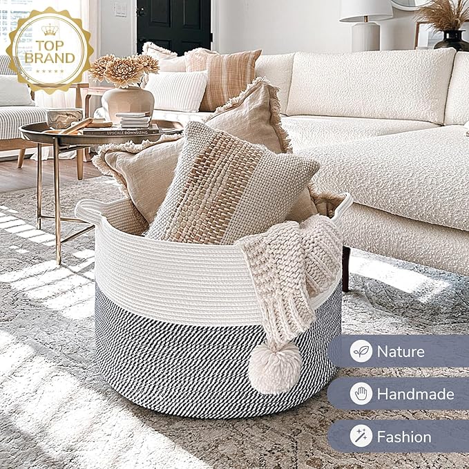 INDRESSME XXXLarge Cotton Rope Basket 21.7" x 21.7" x 13.8" Woven Baby Laundry Baskets Blanket Basket Toy Baskets with Handle