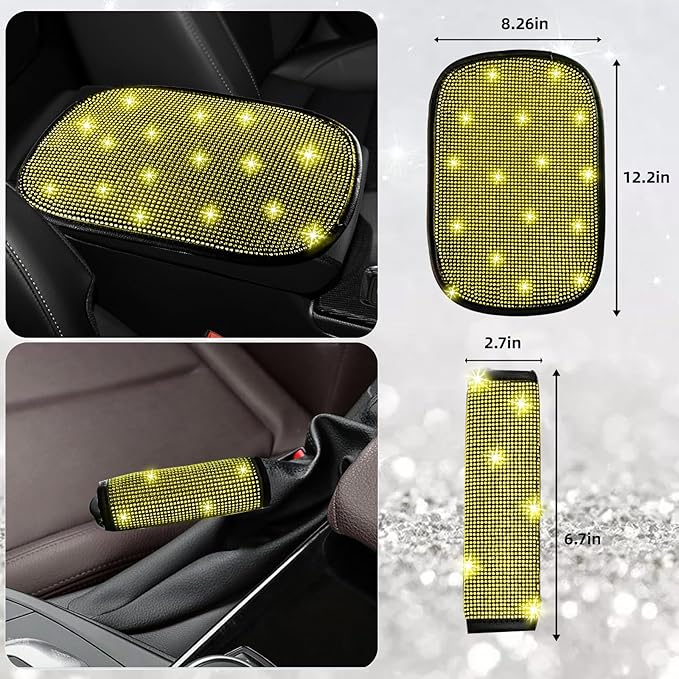 NBTEPEM 30 Pcs Yellow Bling Car Accessories Set for Women, Steering Wheel Cover Set, Bling Console Cover, Seat Belt Cushion, Shift Knob Cushion, Cup Holder Coaster, Rhinestone Car Hanging Accessories