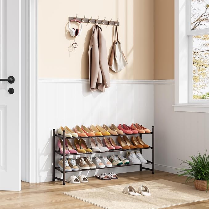Tajsoon 3 Tier Expandable Shoe Rack for Closet, 28“-41“Adjustable & Stackable Shoe Shelf Storage, Metal Shoe Rack Organizer f