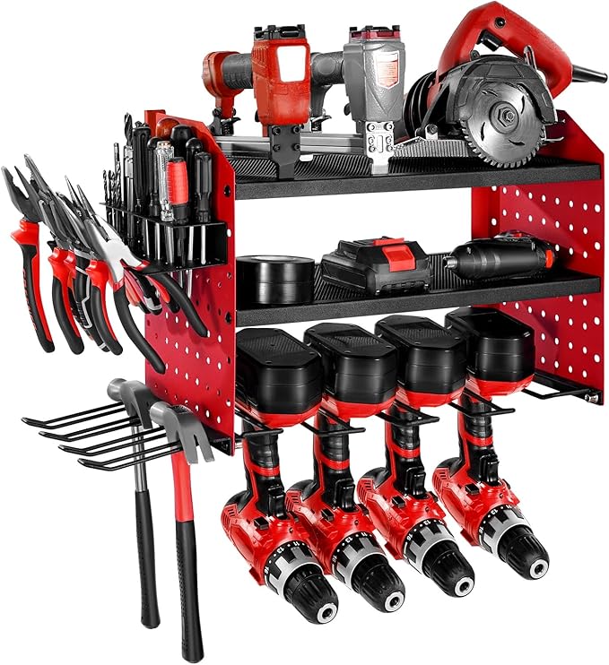 VEVOR Power Tool Organizer Wall Mount, 3-Layer Storage Rack with 4 Drill Holders, Tools Holder and Storage Rack with Side Peg