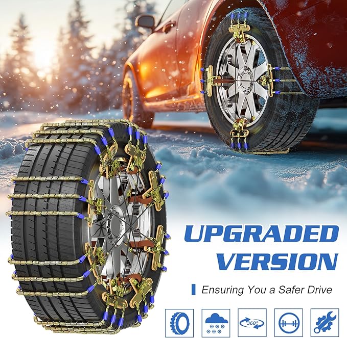 Upgraded Snow Chains 8 Pack, Tire Chains for Passenger Cars, Pickups, and SUVs, Universal Adjustable Emergency Portable Snow 
