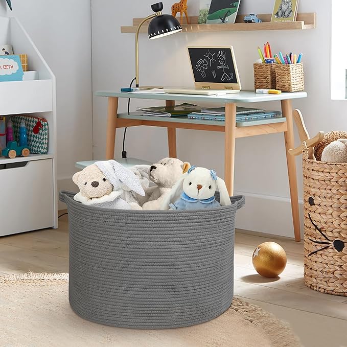 MEGASKET Large Dark Grey Storage Basket, Woven Cotton Rope Baskets for Storage, Big Blanket Organizer Storage Basket for Livi
