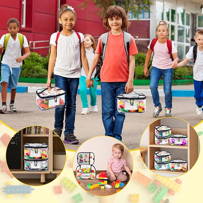 Tesuko 6 Pack Clear Toy Storage Bag with Name Tag& Manual Pocket, Waterproof Transparent PVC Toy Organizer Case for Lego Bric