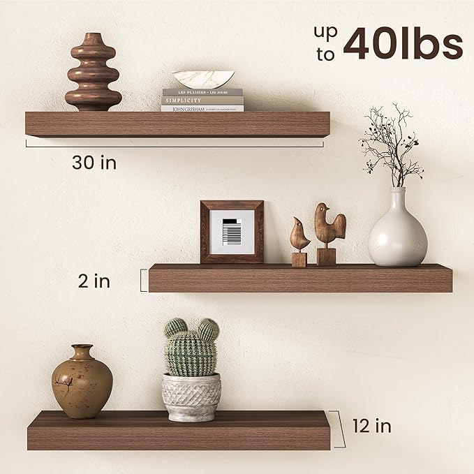30Inch Walnut Floating Shelves for Wall, 12 Inch Deep Shelves for Bedroom, Kitchen, Bathroom Wall Mounted, Rustic Wood Floati