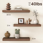 30Inch Walnut Floating Shelves for Wall, 12 Inch Deep Shelves for Bedroom, Kitchen, Bathroom Wall Mounted, Rustic Wood Floati