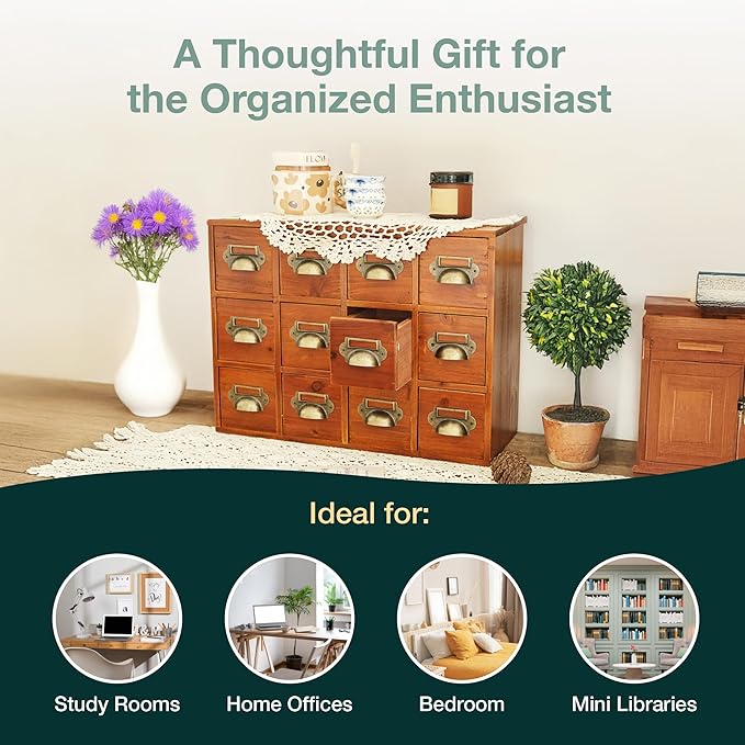 12-Drawer Apothecary Cabinet - Index Card Organizer - Mahogany Wooden Card Catalog - Fits Standard US 3x5in Index Cards - Vin