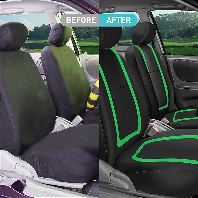 FH Group Unique Flat Cloth Full Set Car Seat Covers w. Silicone Steering Wheel Cover- Universal Fit for Most Cars, Trucks, SUVs or Vans (Green/Black)