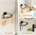LEVERLOC Soap Holder Shower with Hooks, Bar Suction Cup Soap Dish Tray for Wall, Rust-Proof Stainless Steel Sponge Caddy for 