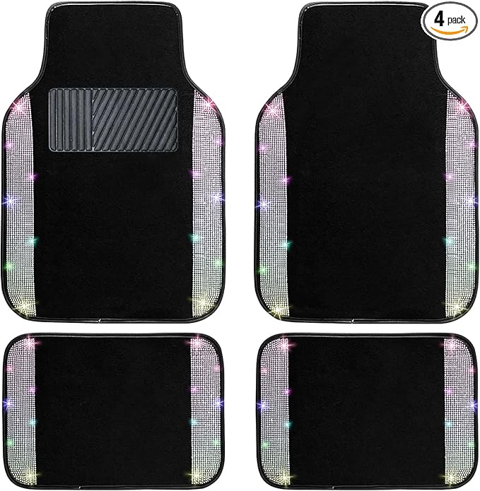 NBTEPEM Multicolor Bling Car Floor Mats Full Set, Universal Fit Most Cars,SUV, Trucks, 4 pcs Sparkle Glitter Diamond Carpet for Women Girls with Anti-Slip Pad (Colorful Diamond)