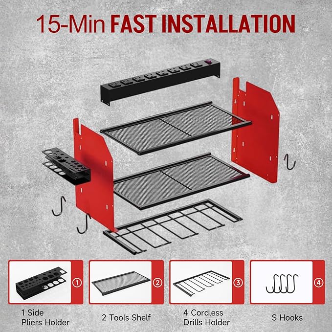 Power Tool Organizer Wall Mount with Charging Station, Heavy Duty 3 Layers Tool Storage Rack with 4 Cordless Drill Holder, Ba