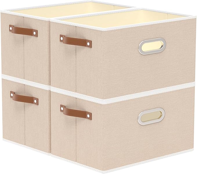 Yawinhe Fabric Storage Bins with Handles, Foldable Baskets for Shelves, Cubes with 3 Handles, Large Boxes for Clothes, Beige,