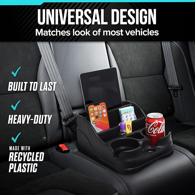 Moblorg Small Center Console for Cars, Trucks, Minivans, SUVs, Vehicle Organizer, Cup Holders, Recycled Plastic, Made in USA 