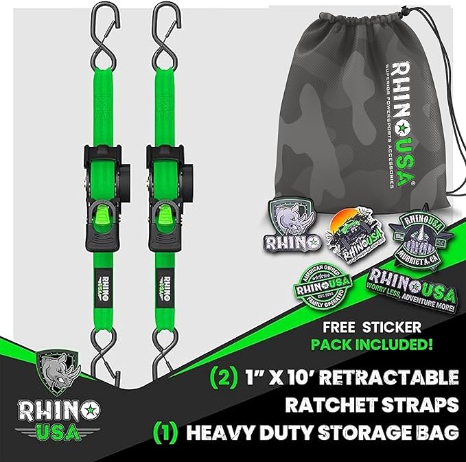 Rhino USA Retractable Ratchet Straps (2-Pack) - 1 Inch x 10 Feet (1,209lb Break Strength) - Auto Self Retracting Tie Down Straps for Truck, Cargo Trailer, Motorcycle, ATV, UTV - Green