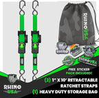 Rhino USA Retractable Ratchet Straps (2-Pack) - 1 Inch x 10 Feet (1,209lb Break Strength) - Auto Self Retracting Tie Down Straps for Truck, Cargo Trailer, Motorcycle, ATV, UTV - Green