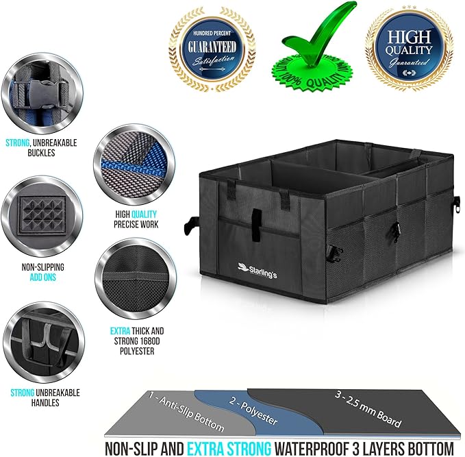 Car Trunk Organizer - Large Collapsible Storage Box with Adjustable Compartments - Heavy-Duty Cargo Organizer for SUV, Truck &