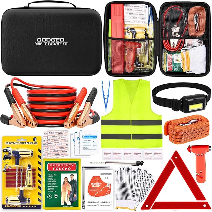 15PC Car Emergency Kit with Jumper Cables, Roadside Assistance Safety Kit for Auto & Truck, Includes Safety Hammers, Tow Stra