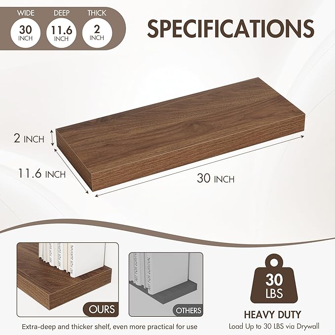 30 Inch Floating Shelves, 12" Deep Floating Shelf Wall Mounted, 30" Wall Shelves, Rustic Deep Bookshelf, Extra Deeper & Thick