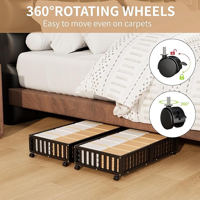 Bamboo Under Bed Storage with Wheels,Rolling Underbed Shoe Organizer Box for Shoes,Blankets,Toys,Clothes Container Space-Savi