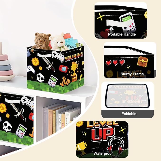 Clastyle Video Game Kid Storage Cube Organizer Set Black Gamepad Closet Clothes Cube Storage Bin Nursery Toddler Toy Box Ches
