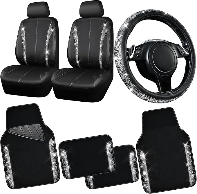 CAR PASS Leather Bling Diamond Car Seat Covers Front & Waterproof Rhinestone Car Floor Mats 4pcs & Sparkly Steering Wheel Cov
