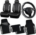 CAR PASS Leather Bling Diamond Car Seat Covers Front & Waterproof Rhinestone Car Floor Mats 4pcs & Sparkly Steering Wheel Cov