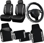CAR PASS Leather Bling Diamond Car Seat Covers Front & Waterproof Rhinestone Car Floor Mats 4pcs & Sparkly Steering Wheel Cov