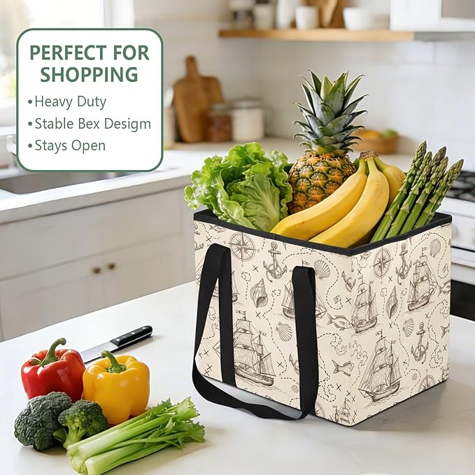 Vintage Sailing Ships Reusable Grocery Bags Large Shopping Tote Bag with Reinforced Bottom Board, Water Resistant Foldable St