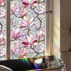 Niviy Window Clings Pink Magnolia Stained Glass Window Film, Sun Protection Decals for Car Moonroof, Static Cling Rainbow Sticker Covering for Home Door (16.93 x 39.37inch)