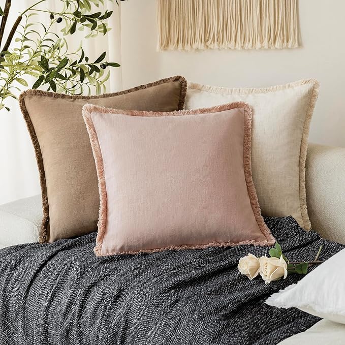 Foindtower Set of 2 Decorative Linen Fringe Throw Pillow Covers Boho Farmhouse Cushion Cover with Tassels Soft Accent Pillowc
