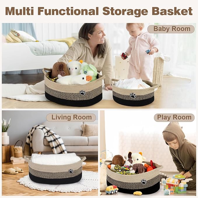 Optish Dog Toy Basket, Toy Box and Bin for Dog Cat Storage, 19.7" X 11" X 7.9" (30L) Large Woven Rope Basket for Blanket Stor