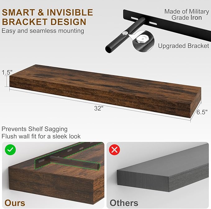 Fun Memories Floating Shelves for Wall, 32Inch Floating Shelves Set of 2, Hanging Shelf with Invisible Brackets, Wood Shelves
