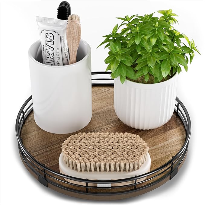 Acacia Wood 9" Bathroom Vanity Tray Turntable, Farmhouse Round Bathroom Countertop Organizer for Soap Perfume, Rotating Organ