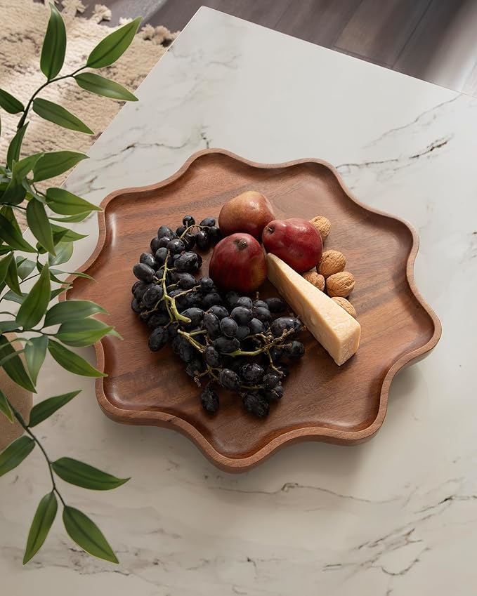 Kate and Laurel Alezar Mango Wood Wavy Round Lazy Susan Tray, 18 Inch Diameter, Walnut Brown, Scalloped Wooden Countertop Org